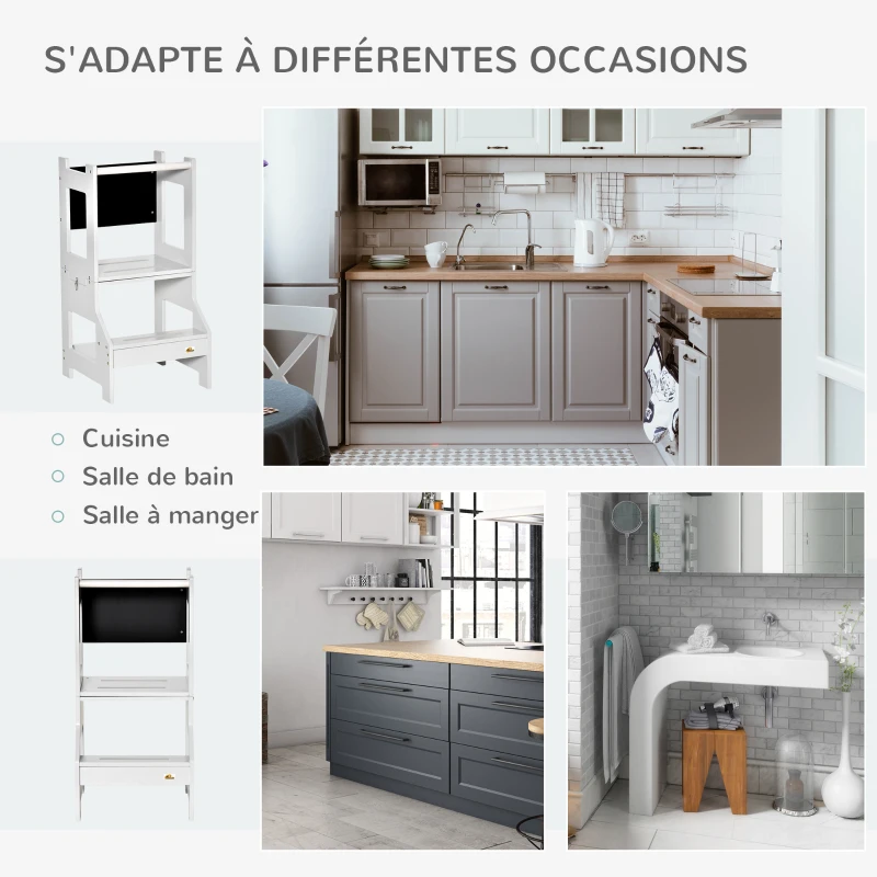 HOMCOM Tour d'observation enfant tour d'apprentissage 3 en 1 barreau hauts rebords de sécurité et tableau noir 42x44x86cm gris