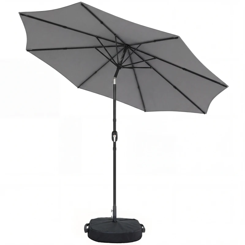 Outsunny 2.7 m Garden Parasol Umbrella with Cross Base and Sandbag, Retractable Ribs, Outdoor Table Market Umbrella, Light Grey