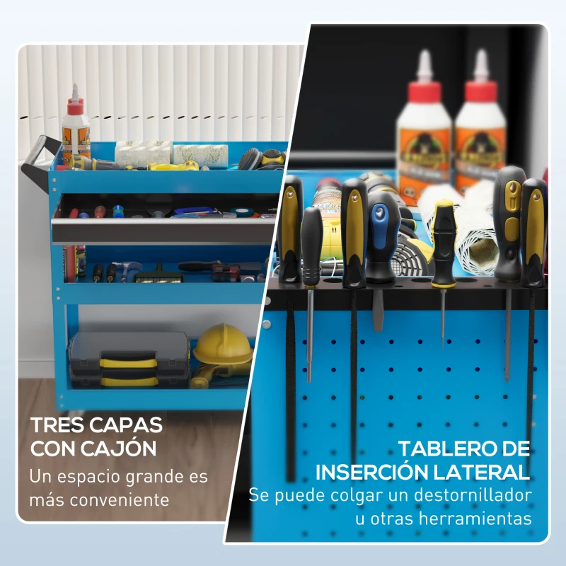 DURHAND Carro de Taller Carro de Herramientas con 3 Bandejas y Cajón Ruedas con Frenos Asa Lateral Panel Lateral Perforado Azul