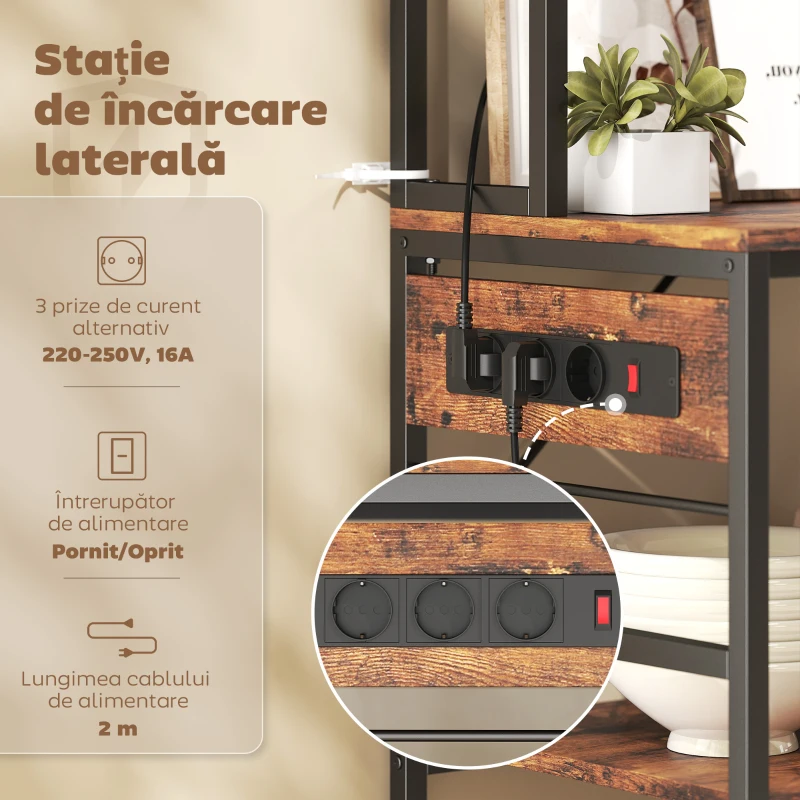 HOMCOM Raft de Bucătărie cu Stație de Alimentare și Rafturi Reglabile, Raft pentru Cuptor cu Microunde 5 Nivele cu Panou de Grilaj și 10 Cârlige, Dulap Vintage Structură din Oțel, 80x40x170 cm, Maro Rustic