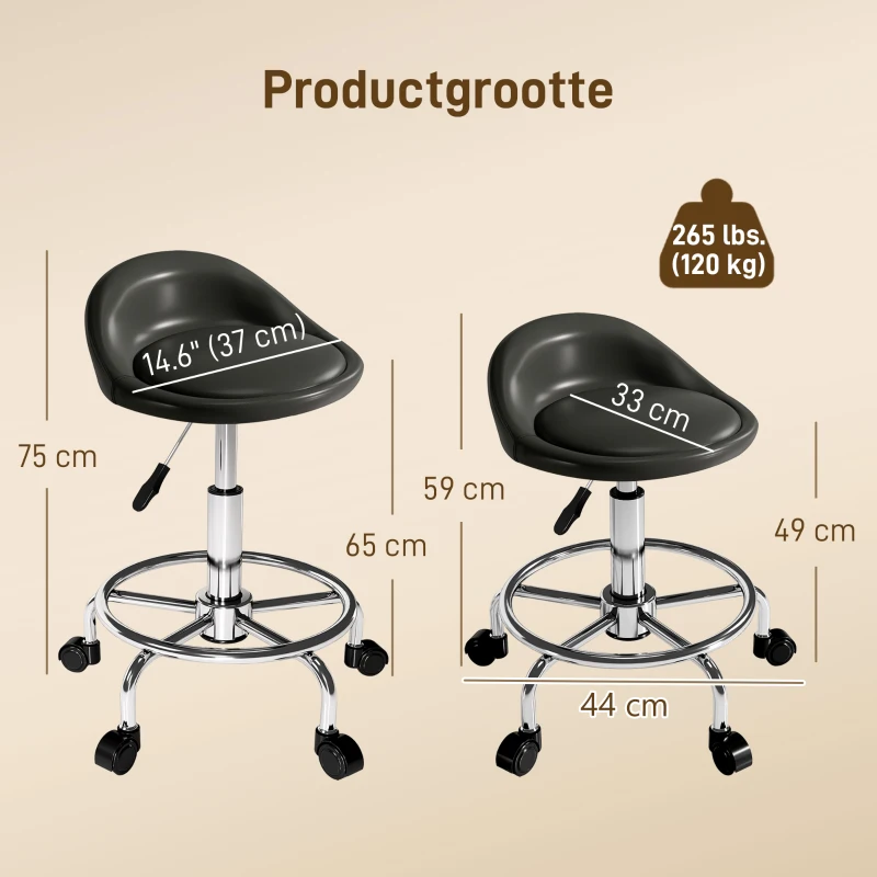HOMCOM Verstelbare Rolstoel met Rugleuning Draaikruk 59-75 cm Werkstoel 360° Draaibaar Zwart