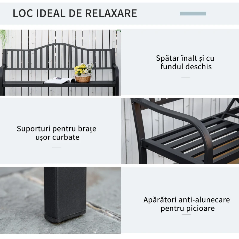 Outsunny Bancă de Grădină cu 2-3 Locuri din Metal, Bancă de Exterior cu Măsuță Extensibilă, Spătar cu Șipci și Cotiere, pentru Balcon, Terasă și Curte, 150x58.5x90 cm, Negru