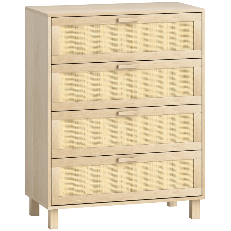 HOMCOM Commode 4 tiroirs cannage en rotin dim. 80L x 40l x 103H cm MDF Aspect Bois Clair
