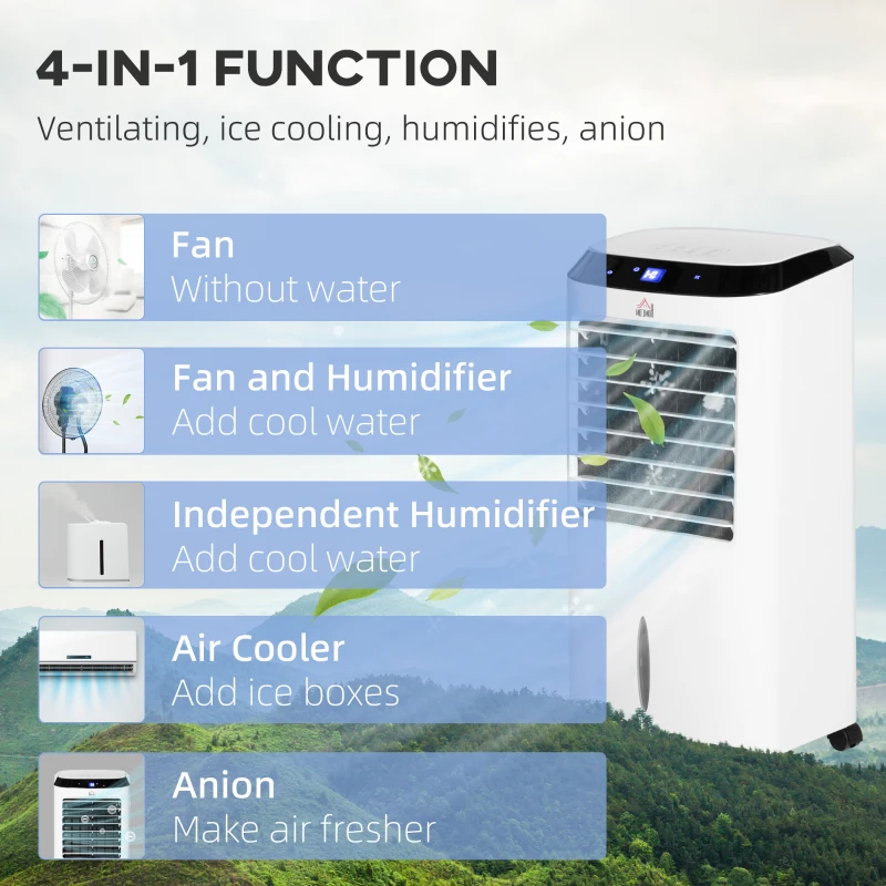 HOMCOM Răcitor de Aer Portabil 4-în-1 de 10L cu Umidificator, Sistem de Răcire, Timer 8 Ore, Telecomandă, pentru Încăperi de până la 20㎡, 60W, ABS, Alb și Negru, 38,2 x 31,6 x 76 cm