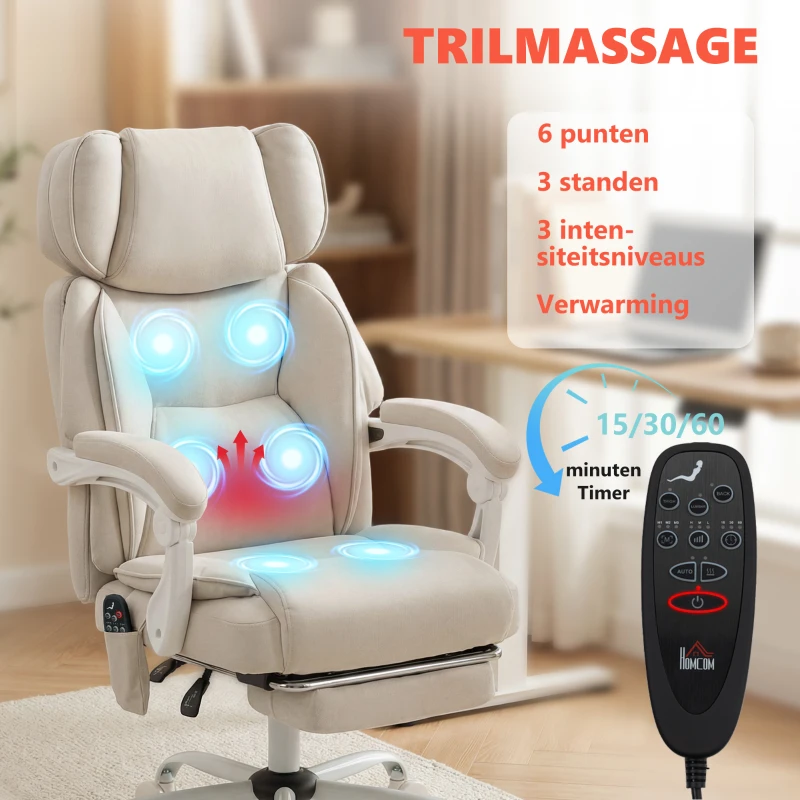 HOMCOM Ergonomische bureaustoel met vibratiemassage en verwarming, kantelbaar, met voetsteun, crème wit
