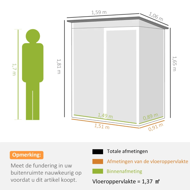 Outsunny Metalen tuinhuis 1,37 m², tuinschuur met moeiteloze montage schuindak schuifdeur ventilatie handschoenen