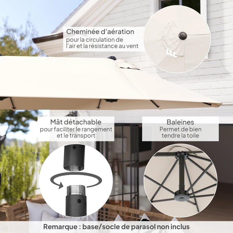 Outsunny Parasol de jardin exterieur parasol double 4,6L x 2,7l x 2,4H m ouverture fermeture manivelle acier polyester haute densité crème