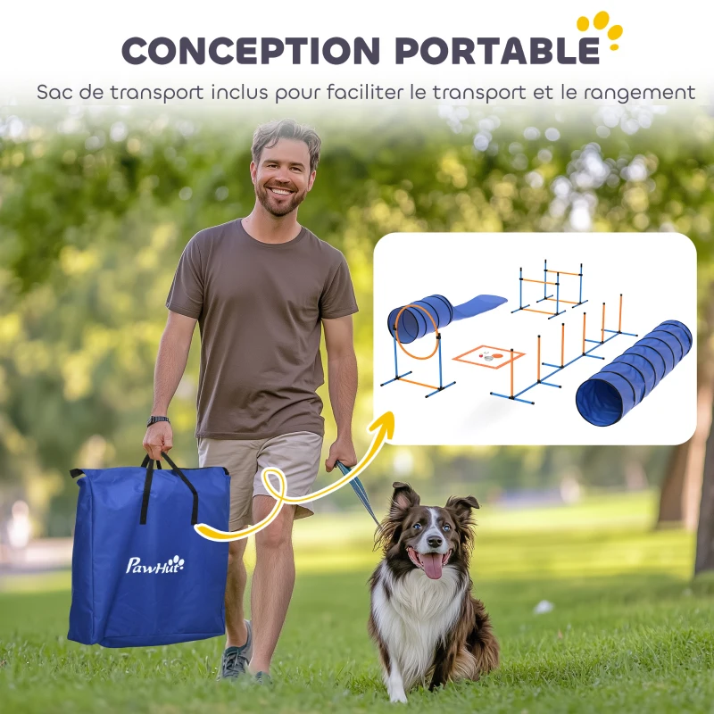PawHut Ensemble d'Agilité pour Chien 11 Pièces, Parcours d'Obstacle avec 2 Tunnels, Sauts Ajustables, Orange et Bleu