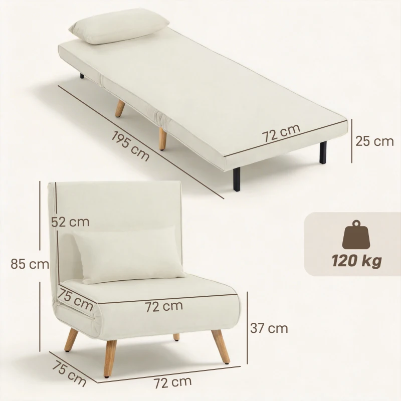 HOMCOM Poltrona conversível 3 em 1 poltrona-cama 1 lugar encosto 5 posições em tecido com almofada, creme
