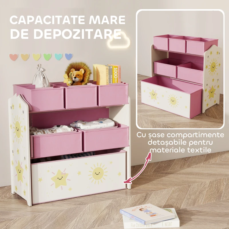 AIYAPLAY Raft pentru Depozitarea Jucăriilor Copii cu 3 Niveluri și 6 Containere din Material Textil Detasabile, Mobilier pentru Camera de Joacă, Dormitor și Living, Roz