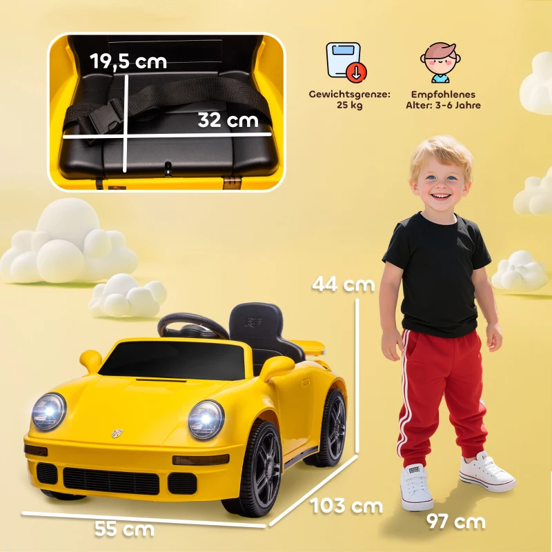 AIYAPLAY Voiture électrique enfants, véhicule électrique 12V, télécommande 2,4G, phares, musique, klaxon, 103 x 55 x 44 cm, jaune
