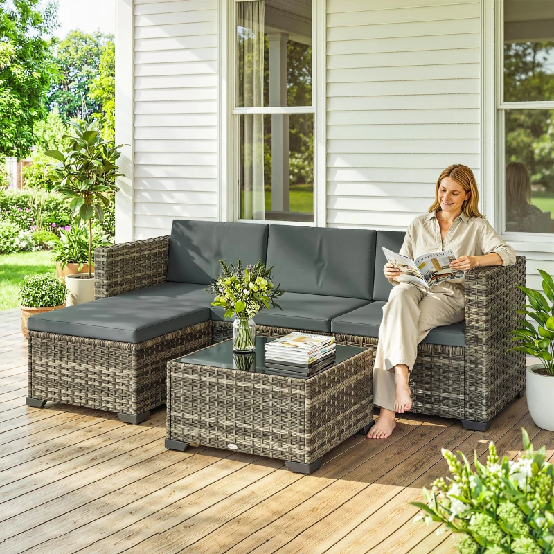Outsunny Conjunto de Jardim em Vime de 5 Peças Inclui Almofadas 2 Poltronas de Canto Poltrona sem Braços Apoia-Pés e Mesa de Centro Cinza Escuro