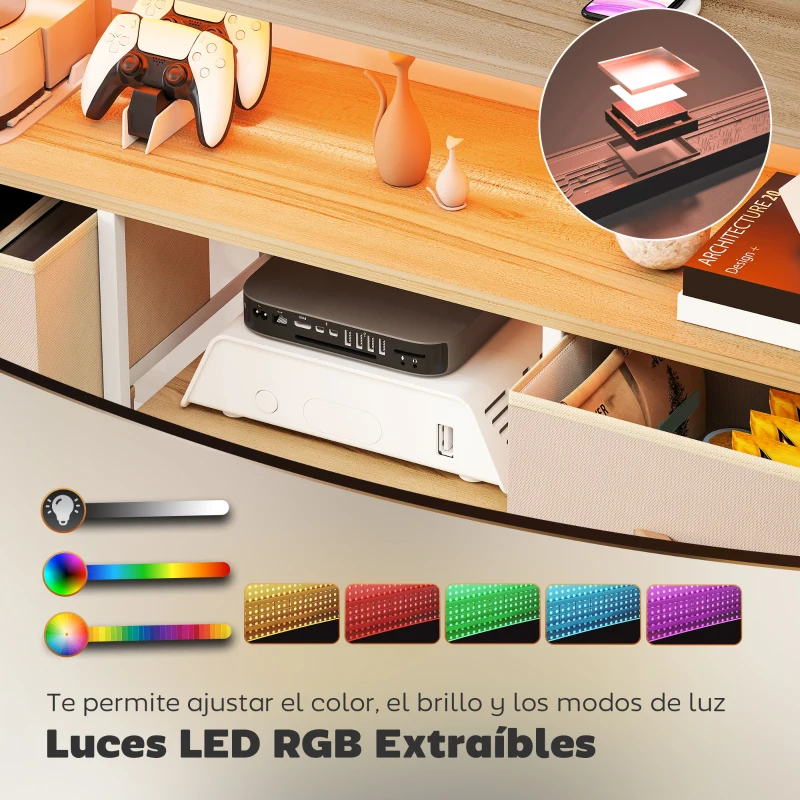 HOMCOM Mueble de TV con Luz LED y Enchufes Puertos USB Estantes Abiertos 4 Cajones plegables 120x30x67,5 cm Beige y Blanco