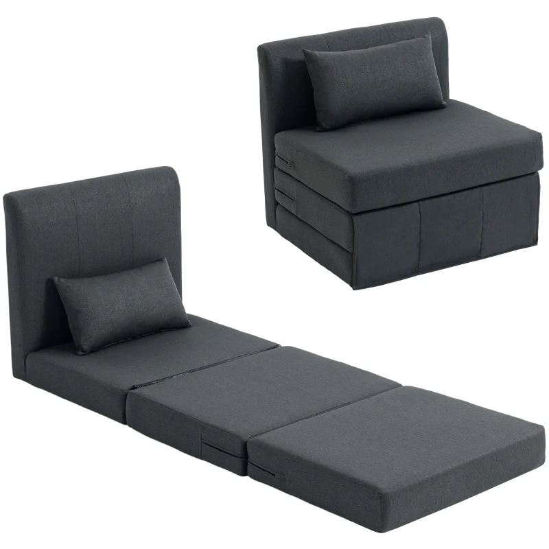 HOMCOM Fauteuil-lit 2-en-1 Canapé-lit pliant à texture lin, lit d'appoint rembourré chaise pliante, Gris foncé