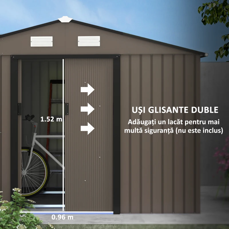 Outsunny Casetta da Giardino con 4 Prese d'Aria e 2 Porte Scorrevoli in Acciaio, 277x195x192 cm, Marrone