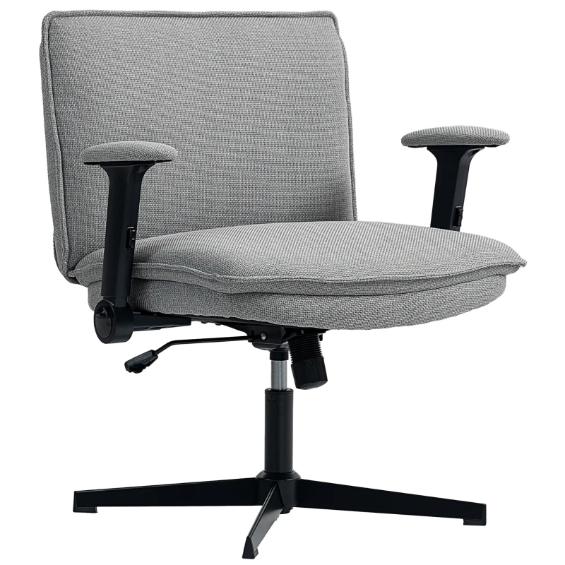 HOMCOM Silla de Oficina Piernas Cruzadas con Reposabrazos Abatible Asiento Ancho sin Ruedas Altura Ajustable Giratoria Gris