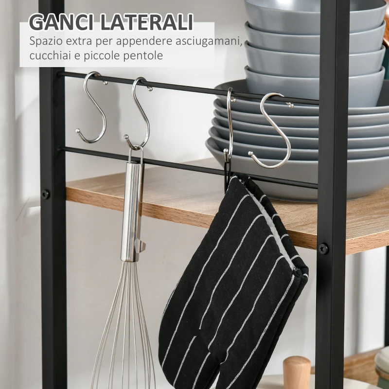 HOMCOM Mobiletto Microonde da Cucina con 4 Ripiani e 4 Ganci, in Acciaio e Legno, 60x40x125 cm, Color Legno