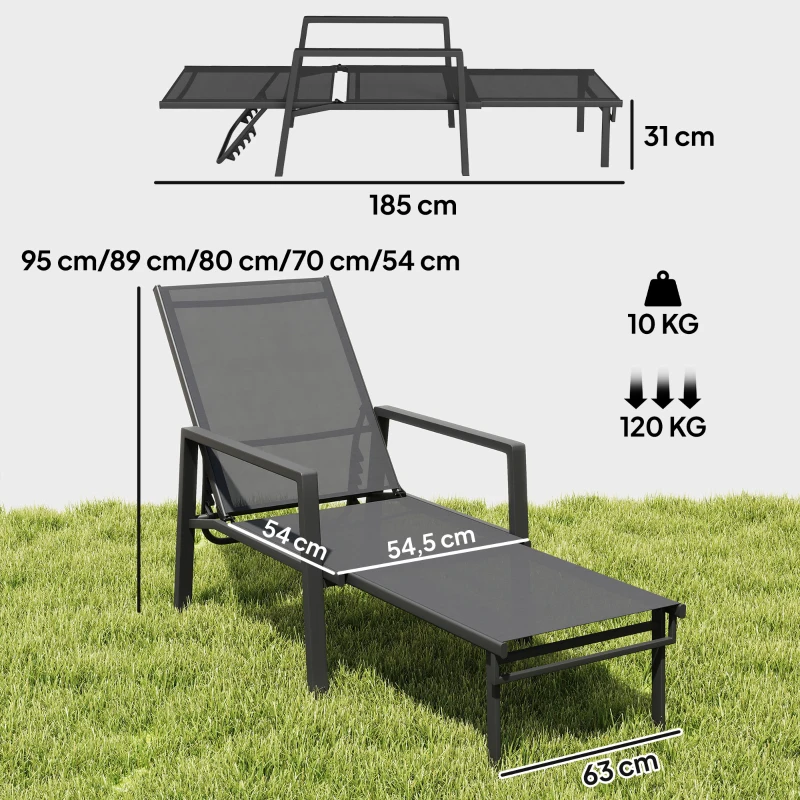 Outsunny Transat pliable portable, chaise longue de jardin avec repose-pieds extensible, dossier 5 positions, respirant