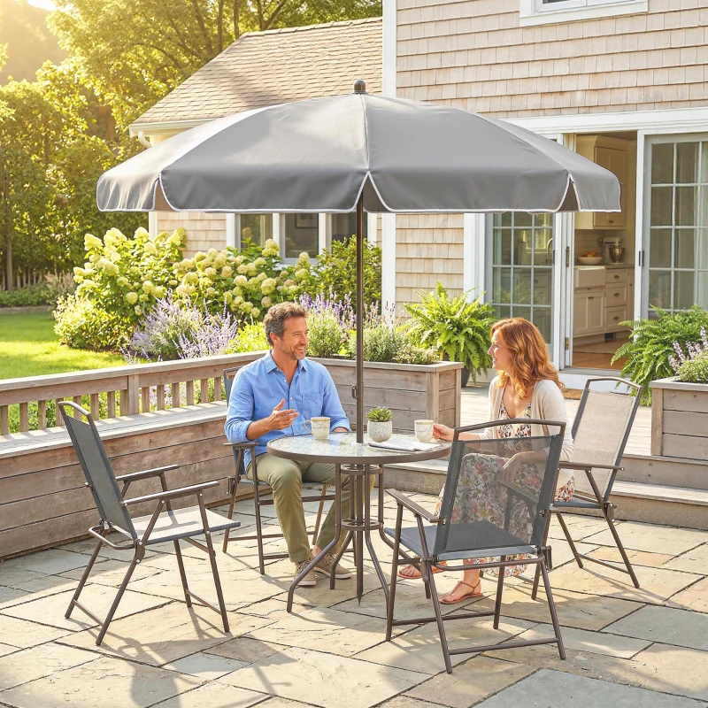 Outsunny 6 Piece Garden Dining Set with Umbrella, Patio Sets with Parasol, 4 Folding Dining Chairs, Dark Grey