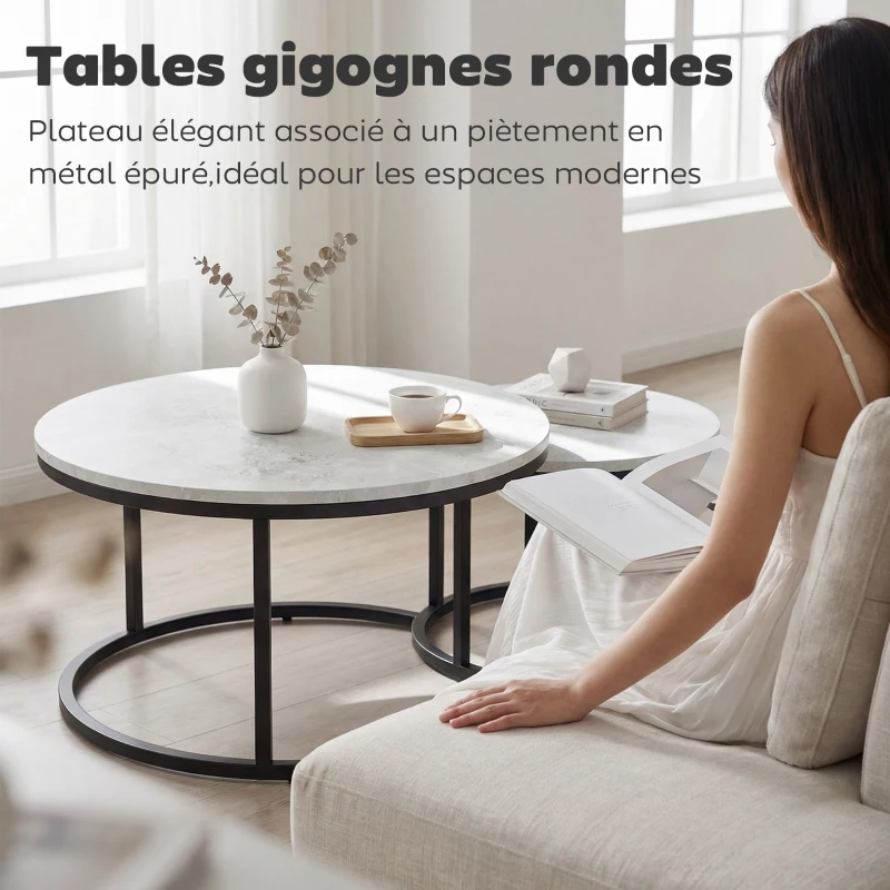 HOMCOM Lot de 2 tables basses gigognes empilable design industriel pieds en métal gris