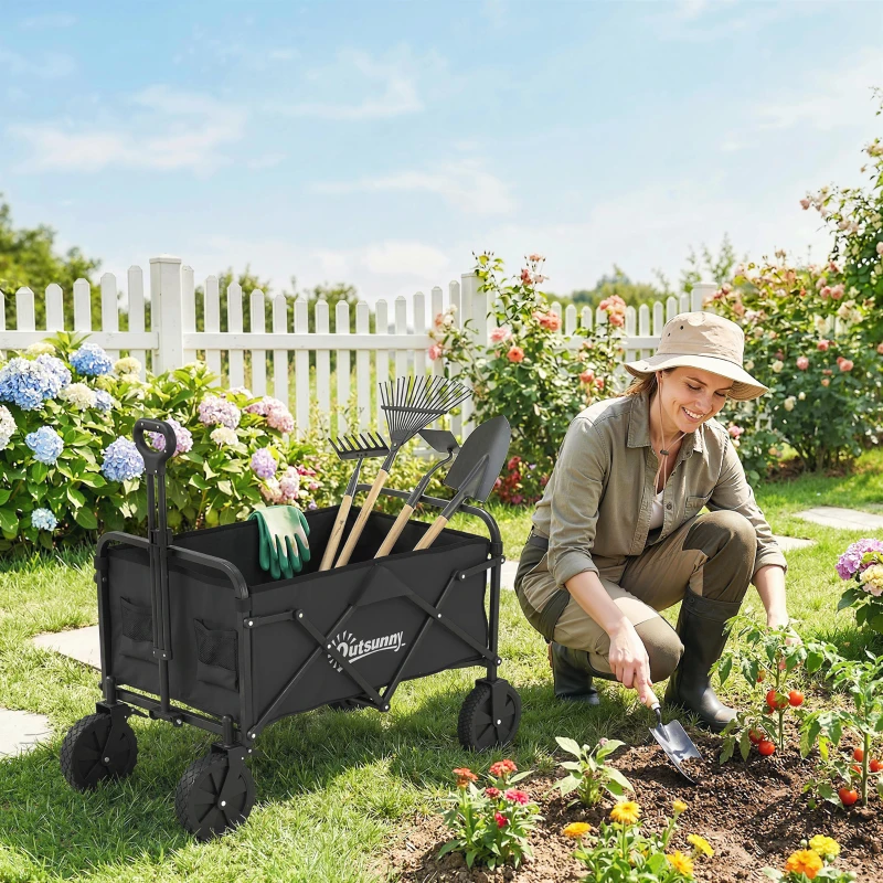 Outsunny Carrinho de Jardim Dobrável com Rodas Bloqueáveis Cabo Ajustável Porta-Copos Carga 80 kg para Camping 85x50x99 cm Preto