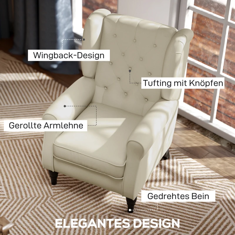 HOMCOM Wing Chair Relax Chair Armchair, Vintage Design, Button Tufting, Turned Legs, 74 cm x 86 cm x 102 cm, Cream White