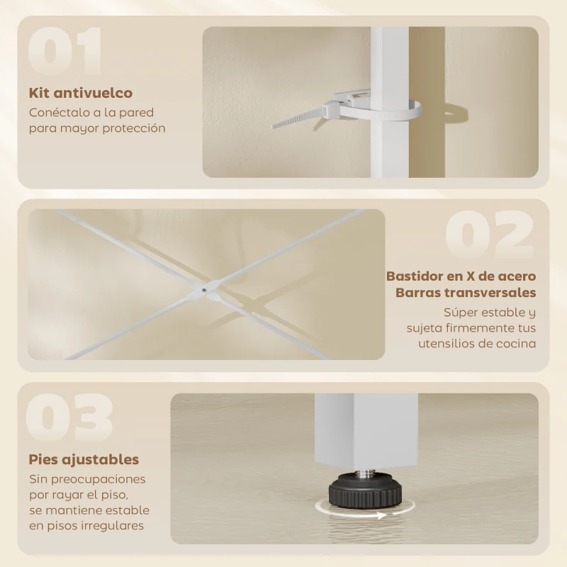 HOMCOM Estantería de Cocina con 2 Tomacorrientes Estante para Microondas Estante Ajustable Ganchos 60x42x137 cm Blanco
