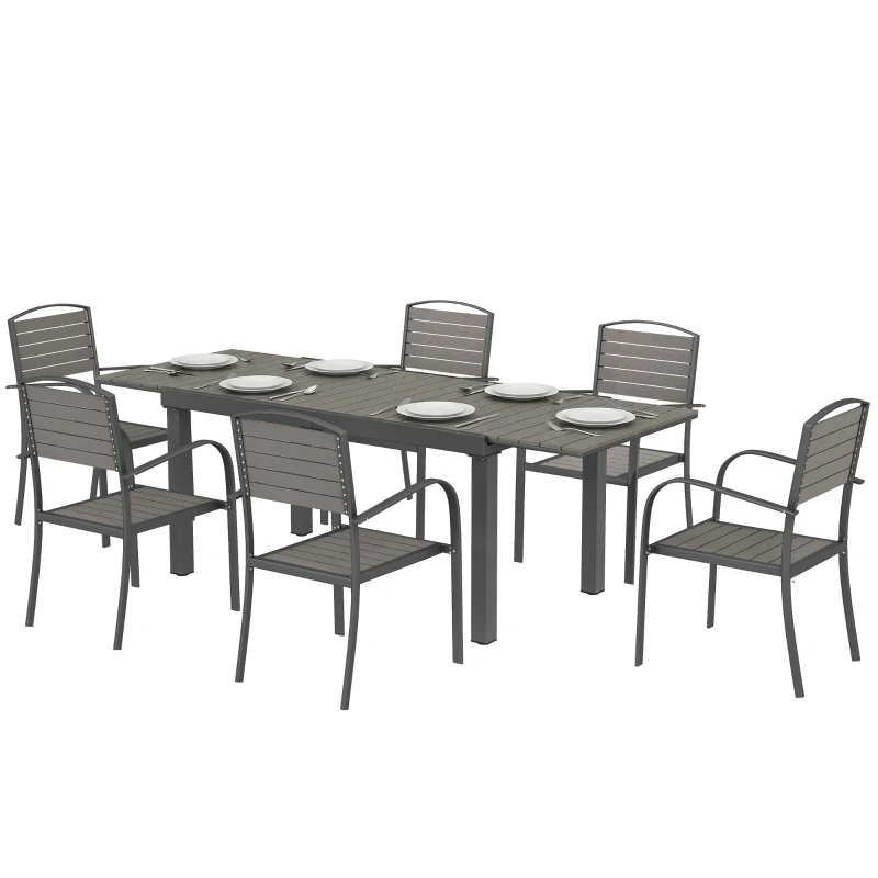 Outsunny Set mobilier grădină 7 piese Masă extensibilă cu 6 scaune Design lamele aspect lemn Cadru aluminiu