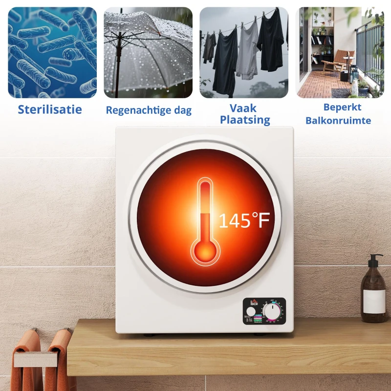 HOMCOM Mini wasdroger 4 kg met 4 programma's, 2 verwarmingsstanden, sterilisatie tot 65℃ 850W voor kleding