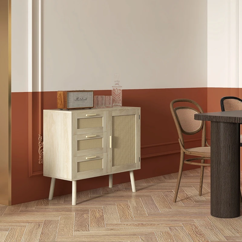 HOMCOM Meuble de rangement buffet style bohème 3 tiroirs et 1 porte façades rotin  - dim. 80L x 36l x 75H cm