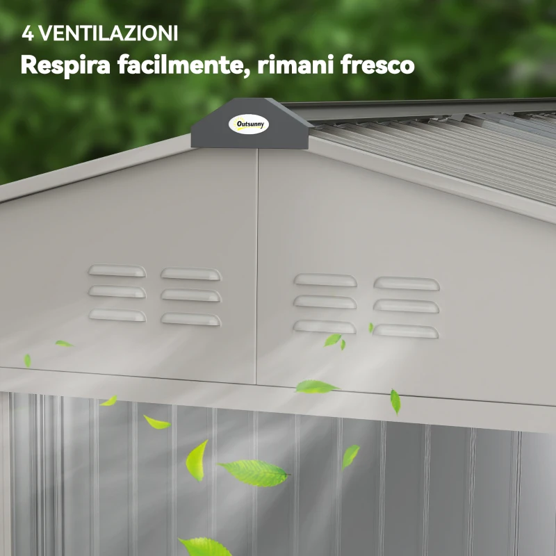Outsunny Casetta da Giardino in Metallo con Prese d'Aria e Doppia Porta Scorrevole, 277x195x192 cm, Argento