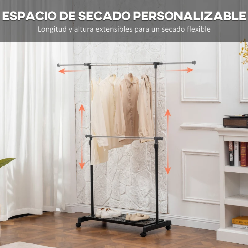 HOMCOM Tendedero Extensible con Ruedas con Barra de Acero Inoxidable y Estante para Zapatos 159x42x168 cm Negro y Plata
