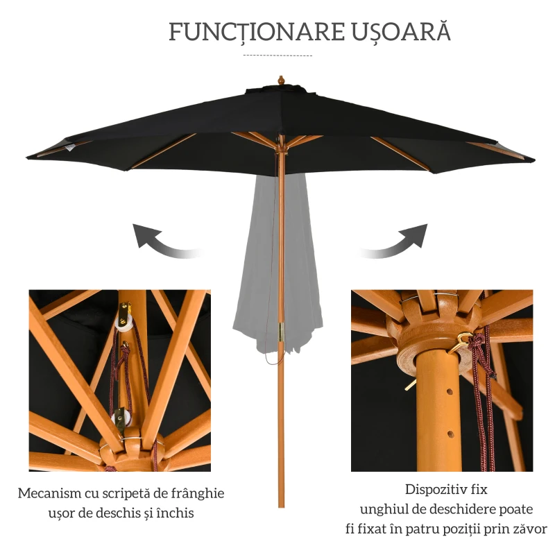 Outsunny Umbrelă de Grădină 3 m cu Stâlp din Lemn, 8 Spițe și Acoperire din Poliester, Neagră