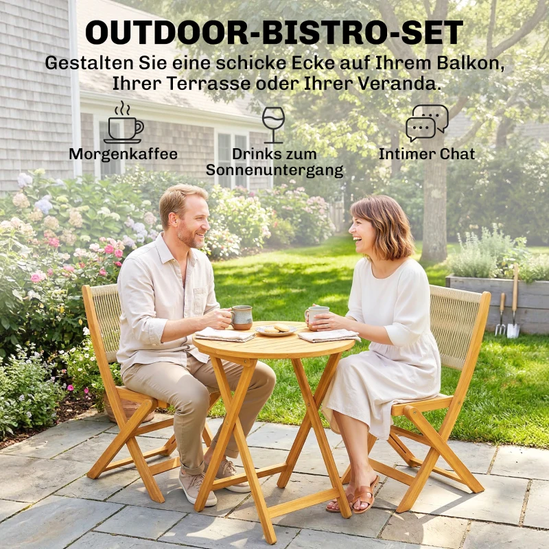 Outsunny Balkonmöbel Set 3 teilig Polyrattan Holz klappbar Gartenmöbel Set mit Tisch 2 Stühle, Atmungsaktiv