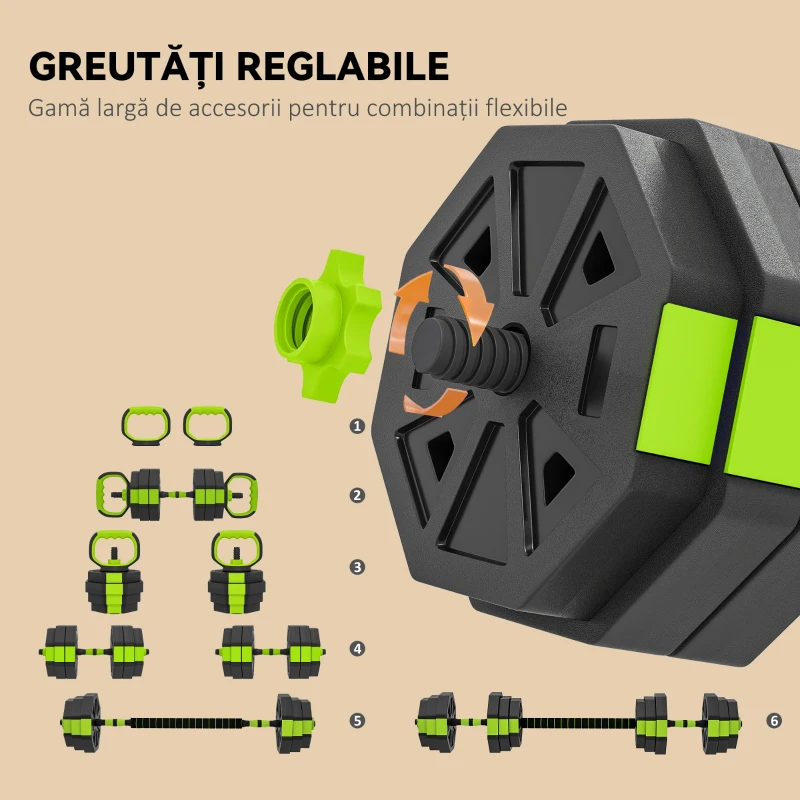 Soozier Set de Ganterele Reglabile 4-în-1, Utilizabil ca Kettlebell, Bară, Ganteră, Suport pentru Flotări, Set Greutăți de 25 kg pentru Bărbați și Femei, Verde