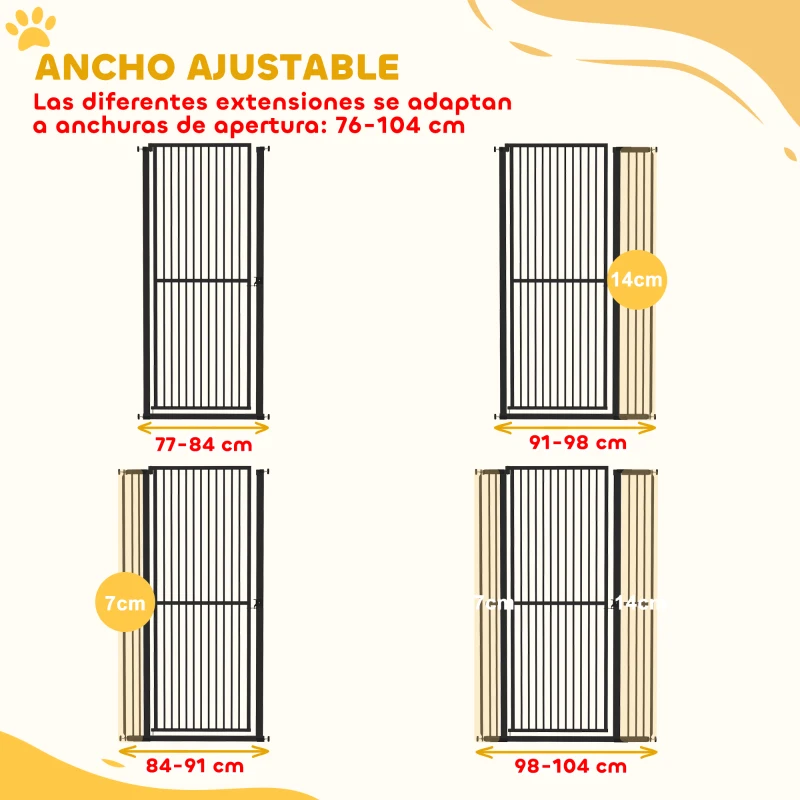 PawHut Barrera para Perros Extra Alta con Ancho Ajustable 77-104 cm Puerta para Perros con Extensiones y Puerta de Paso Negro