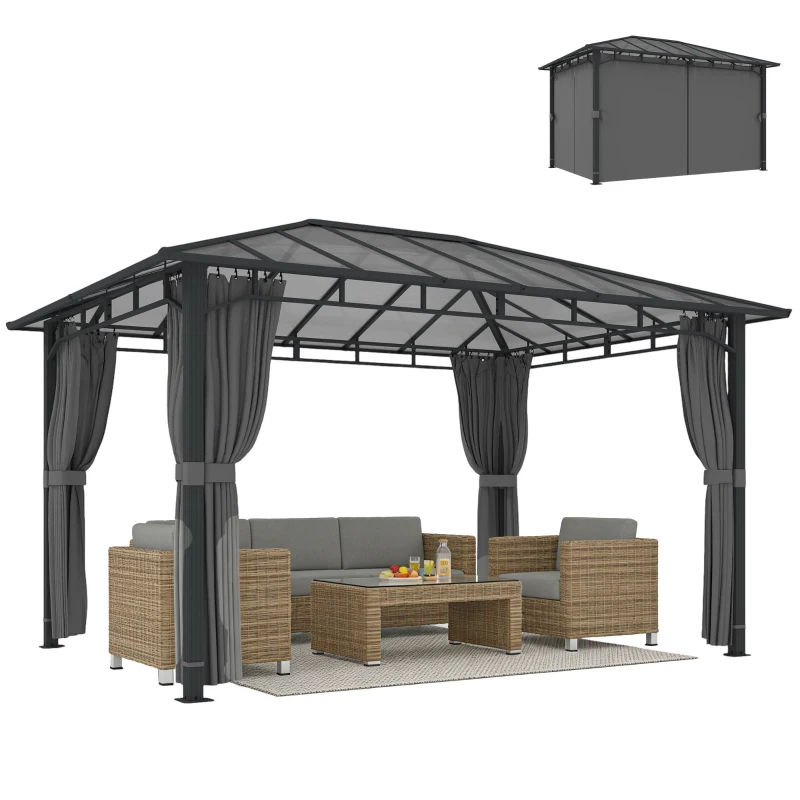 Outsunny 3 x 4 m Outdoor Hardtop Gazebo Canopy with PC Roof, Aluminium Permanent Pavilion Garden Gazebo with Curtains, Dark Grey
