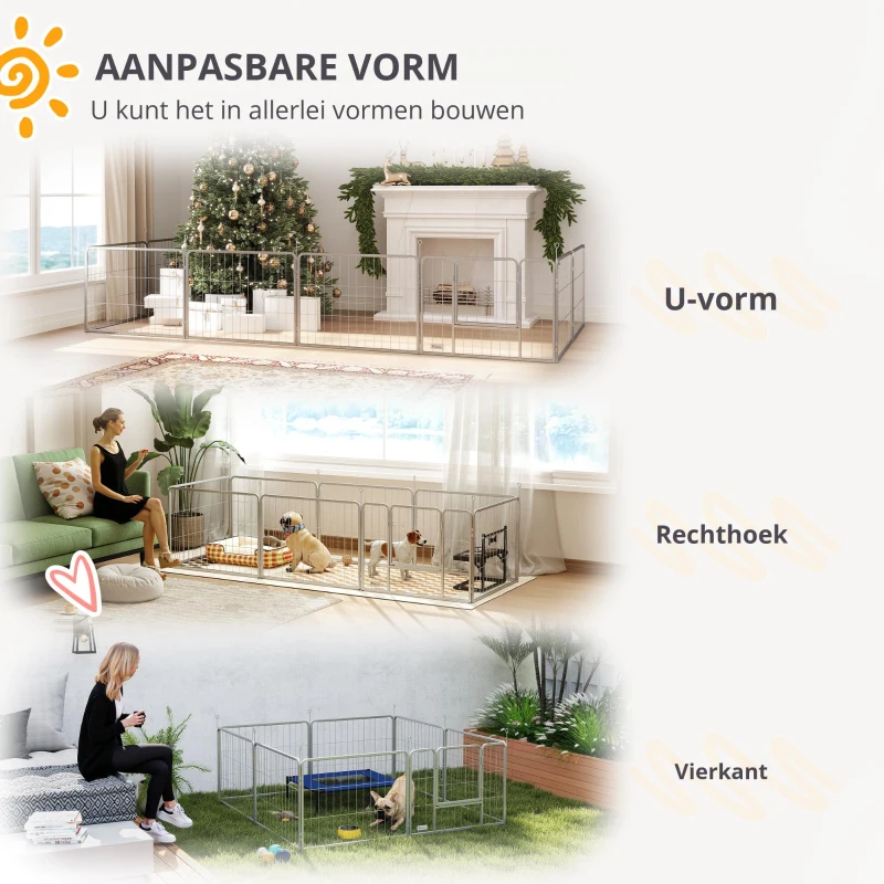 PawHut Huisdierenren, Hondenhek, Huisdierenspeelplaats, Flexibel Aanpasbaar, Roestvrij Staal(m-6)