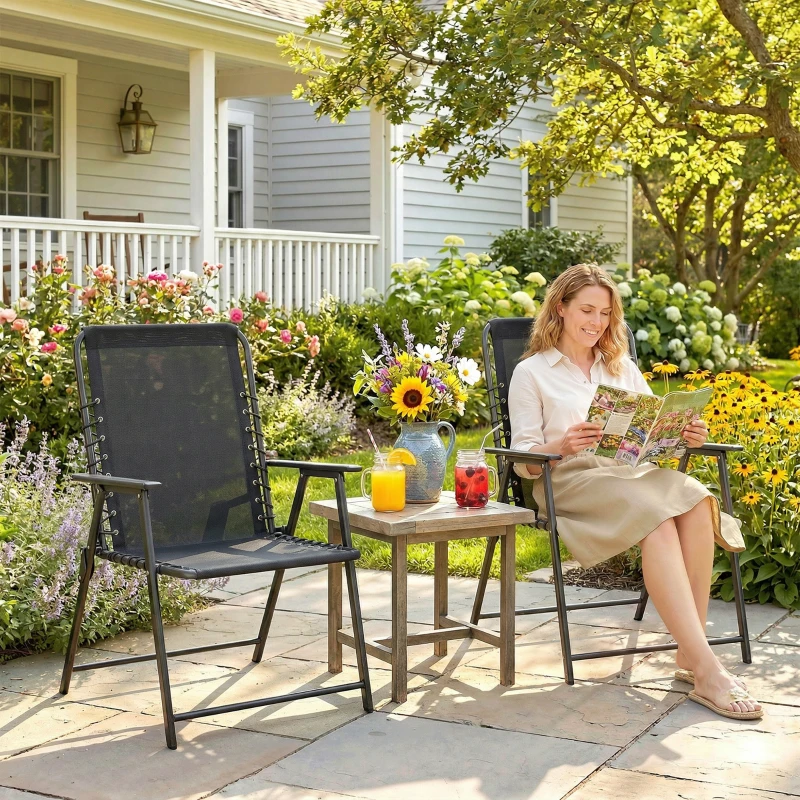 Outsunny Folding Garden Chairs Set of 2, Outdoor Dining Chairs with Wide Texteline Seat, High Back and Armrests, Black