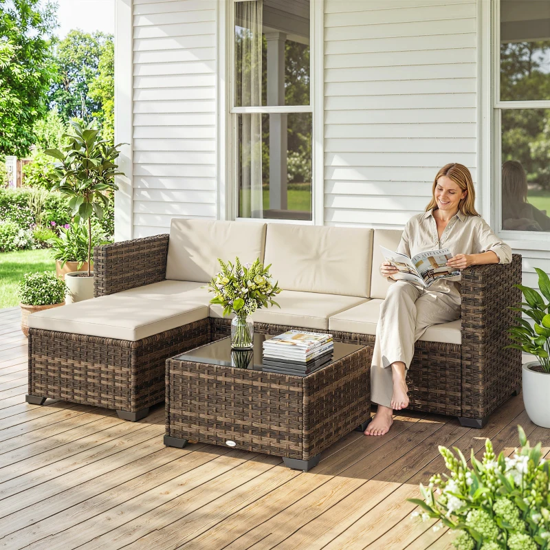 Outsunny Conjunto de Jardim em Vime de 5 Peças Inclui Almofadas 2 Poltronas de Canto Poltrona sem Braços Apoia-Pés e Mesa de Centro Cáqui