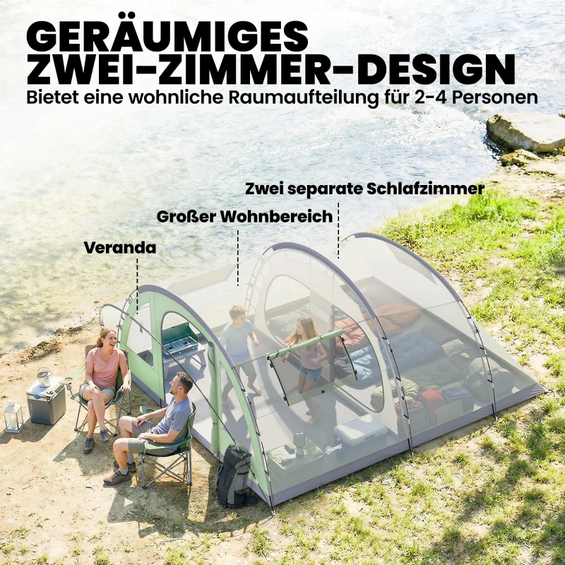 Outsunny Tunnelzelt 4 Personen Familienzelt mit 2 Schlafkabine Vorzelt 4 Fenstern Bodenplane Stehhöhe 3000 mm Wassersäule