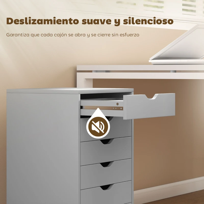 HOMCOM Cajonera Escritorio Archivador Móvil con 6 Cajones Ruedas Guías Deslizantes Silenciosas para Oficina Casa Gris