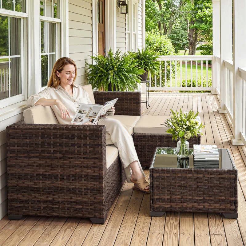 Outsunny Conjunto de Jardín Exterior de Ratán 5 Piezas con Cojines 2 Sillones de Esquina Sillón sin Brazos Reposapiés y Mesa