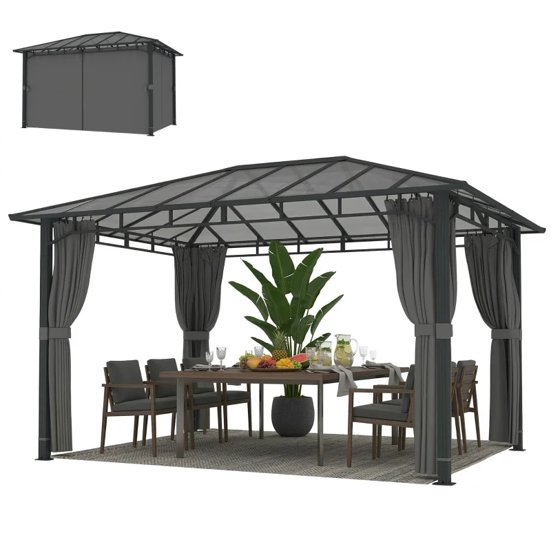 Outsunny 3 x 4 m Outdoor Hardtop Gazebo Canopy with PC Roof, Aluminium Permanent Pavilion Garden Gazebo with Curtains, Dark Grey
