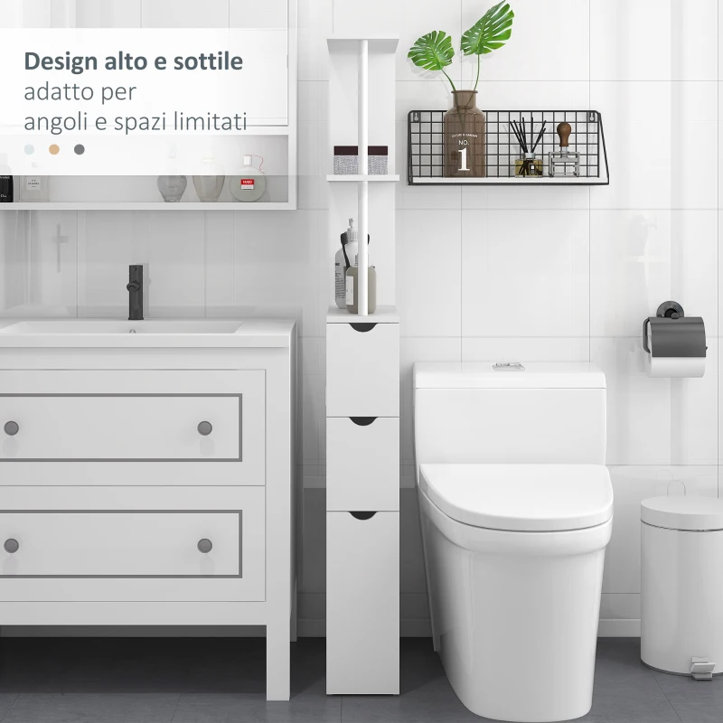 HOMCOM Colonna Bagno con Armadietto, Ripiani e Cassetti, in Legno, 15x33x136.8 cm, Bianco