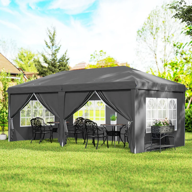 Outsunny Tenda de Jardim Gazebo Dobrável Laterais Removíveis Estrutura em Aço Reforçada Bolsa de Transporte 3x6 m Cinza Escuro
