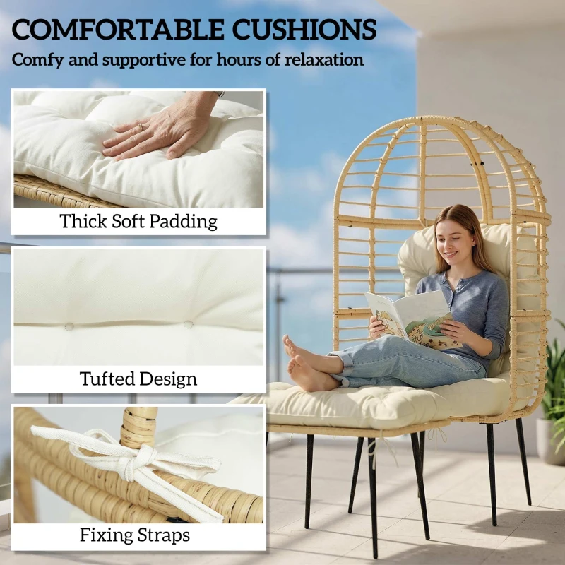 Outsunny Tuinstoel met voetenbank PE Rattan ei-vorm rieten stoel met lange & dikke kussens metalen frame Beige