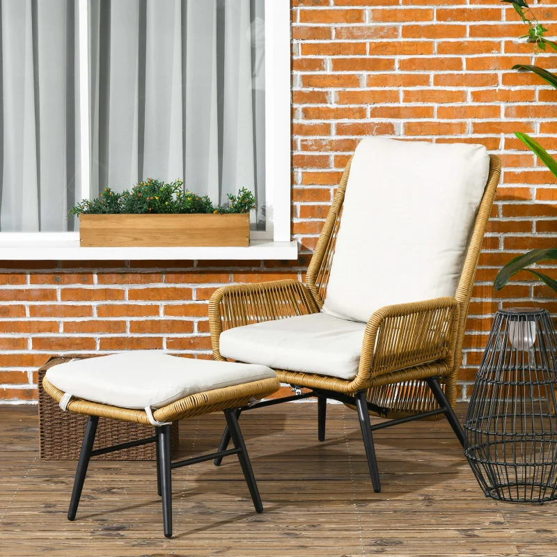 Outsunny Fauteuil de jardin avec repose-pieds en rotin PE, dossier inclinable et coussins, design bohème