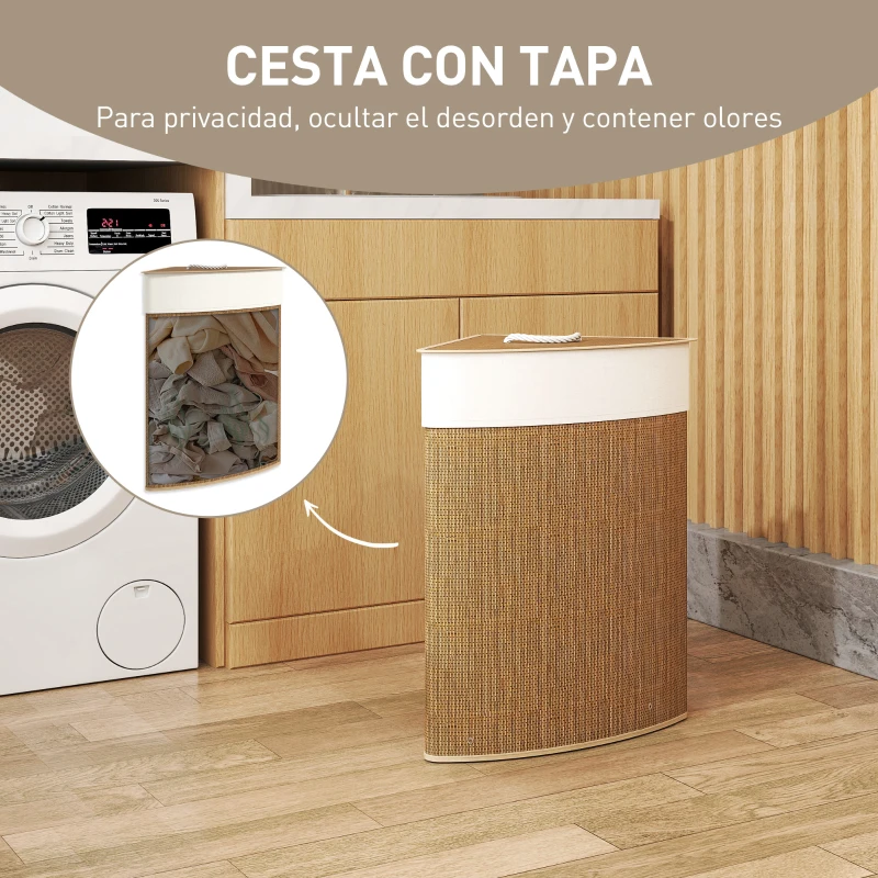 HOMCOM Cesto Ropa Sucia Bambú para Esquina 55L con Tapa y Asa Bolsa Extraíble Lavable 35x35x60 cm Marrón