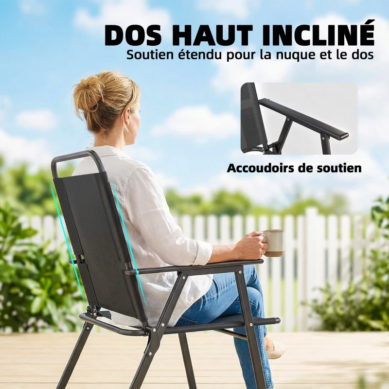 Outsunny Lot de 4 chaises de jardin pliantes avec accoudoirs, chaises d'extérieur avec assise large en textilène, noir